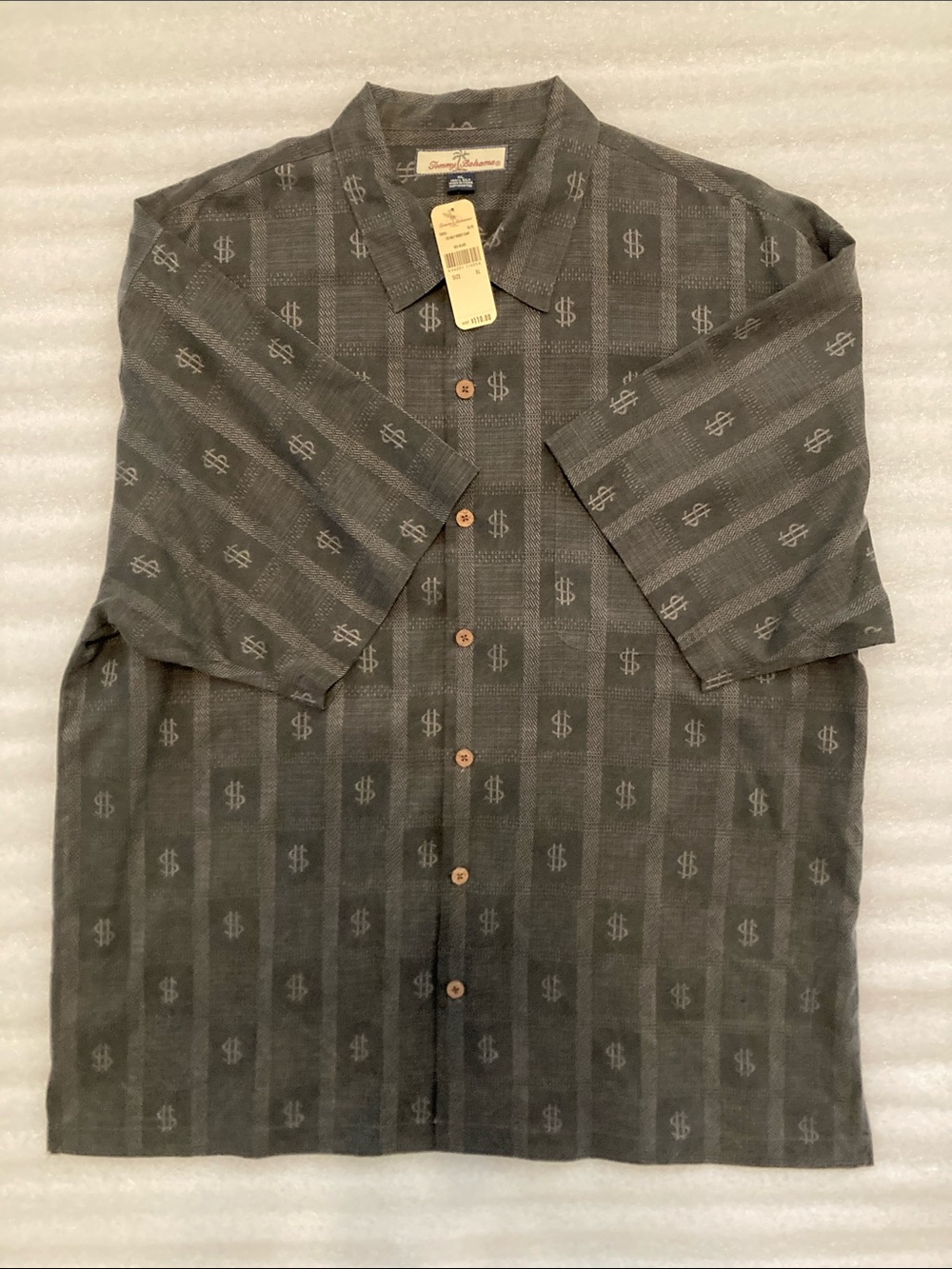 Vintage Tommy Bahama Gray 100% Silk Button-Up Shirt with Logo Tag. Brand New!!